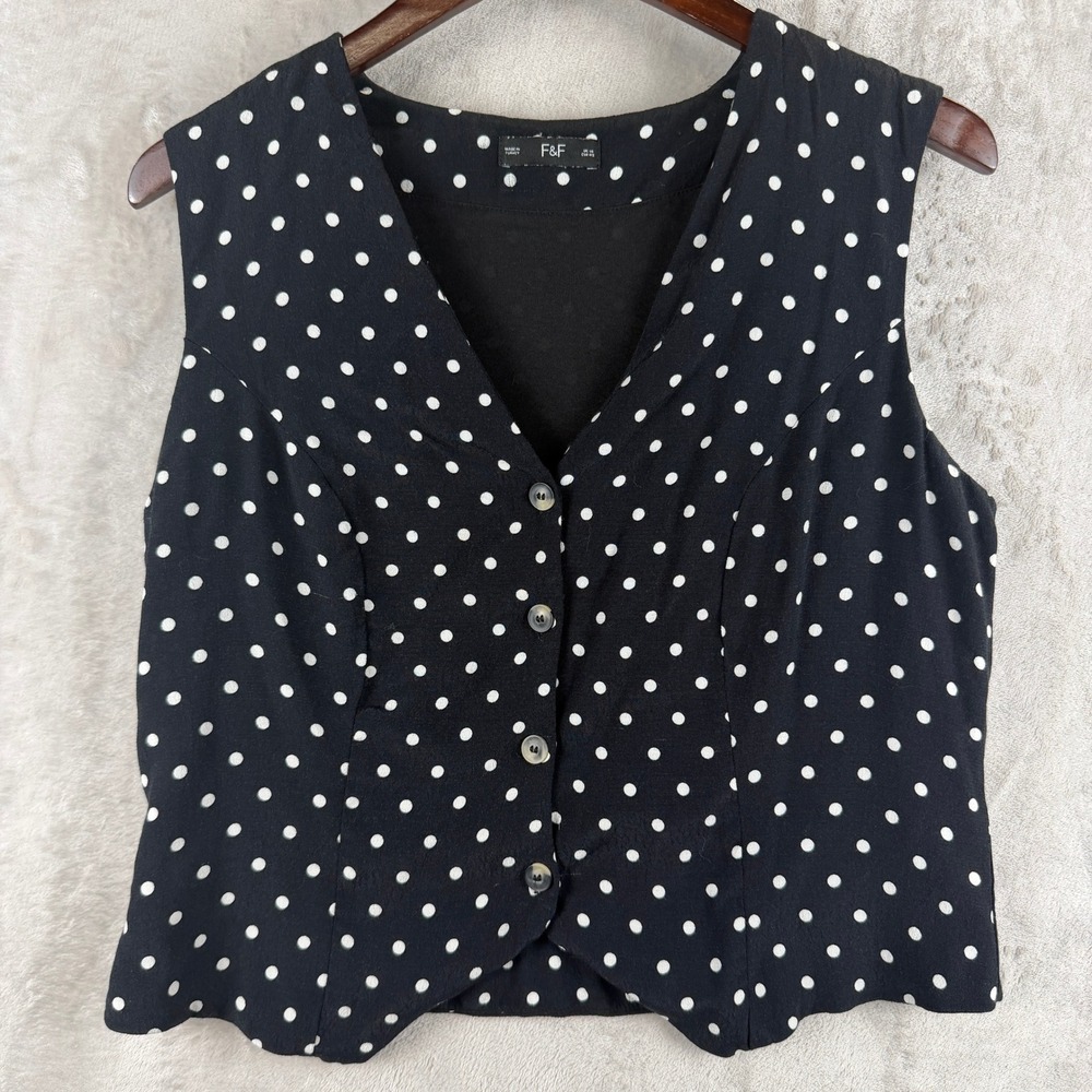 Womens Polka Dot Waistcoat Vest Black White Button Front Size UK 14 EUR 42